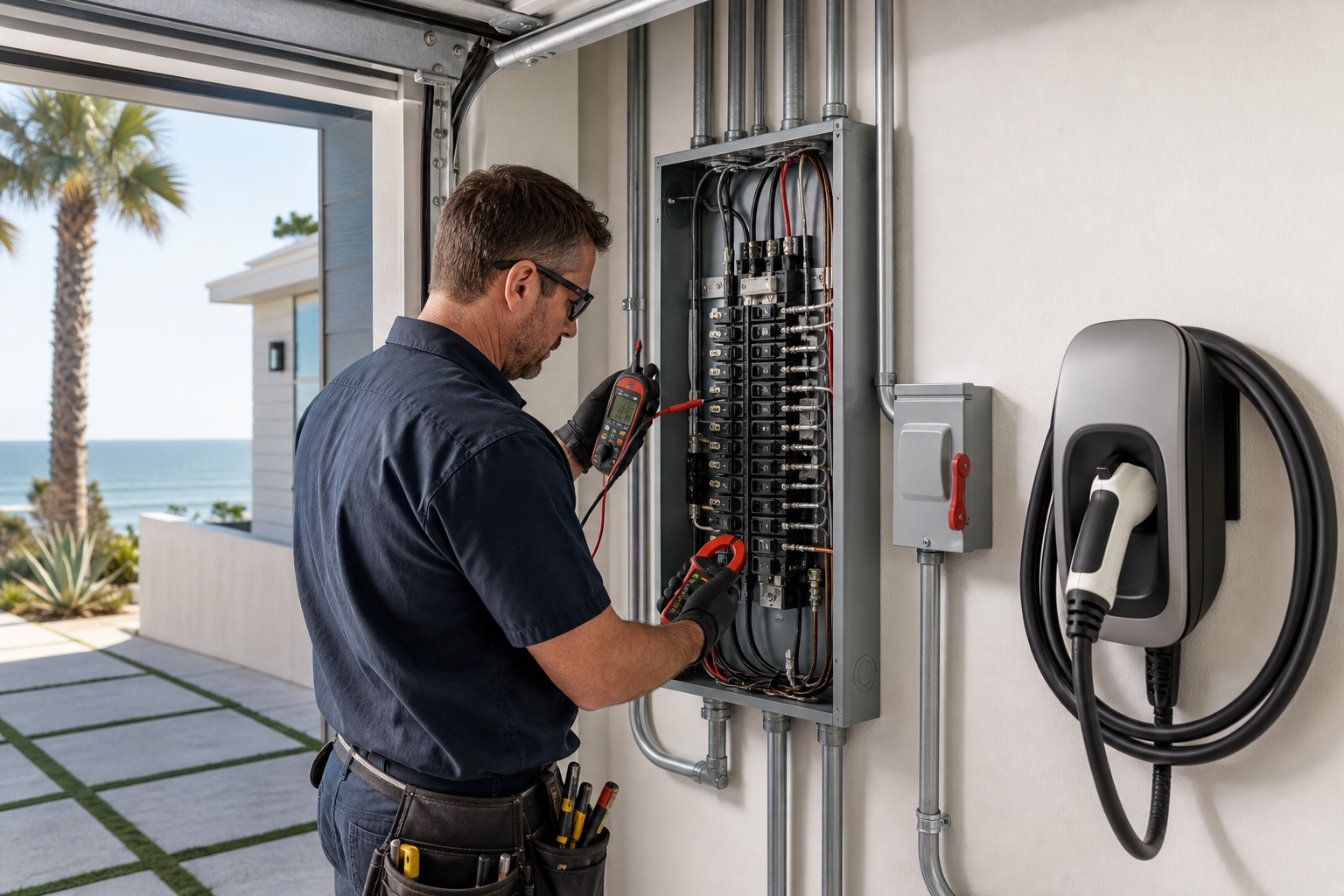 Electrician checking a residential coastal garage electrical panel for load and circuit planning