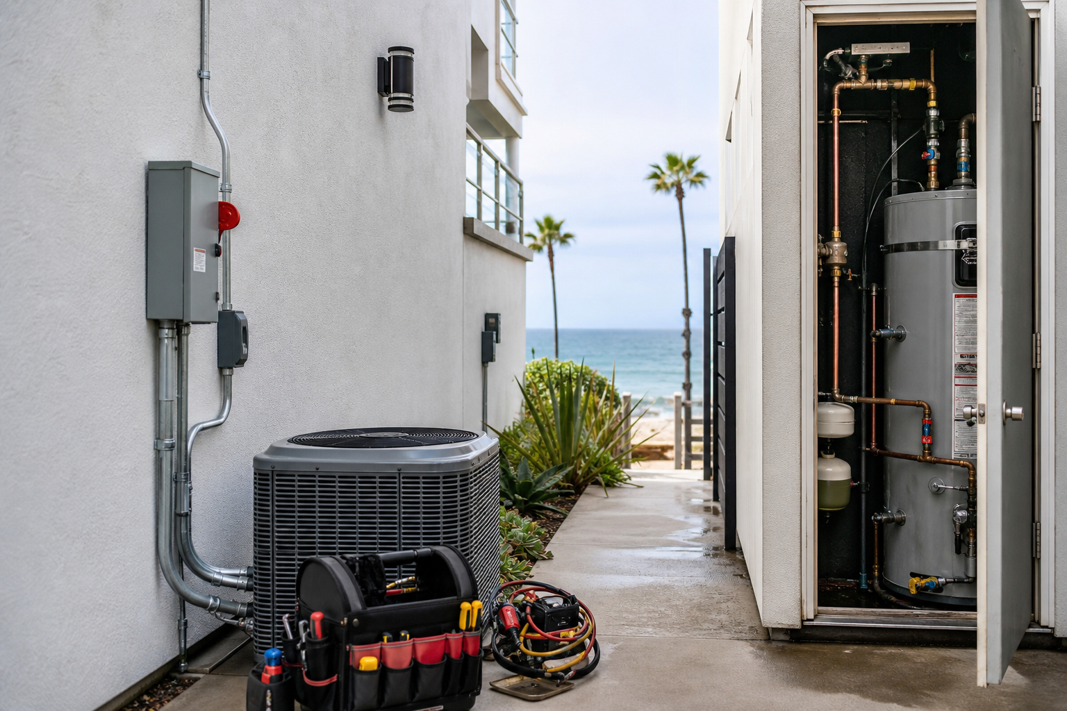 Coastal Los Angeles side-yard with HVAC condenser electrical disconnect conduit and plumbing access